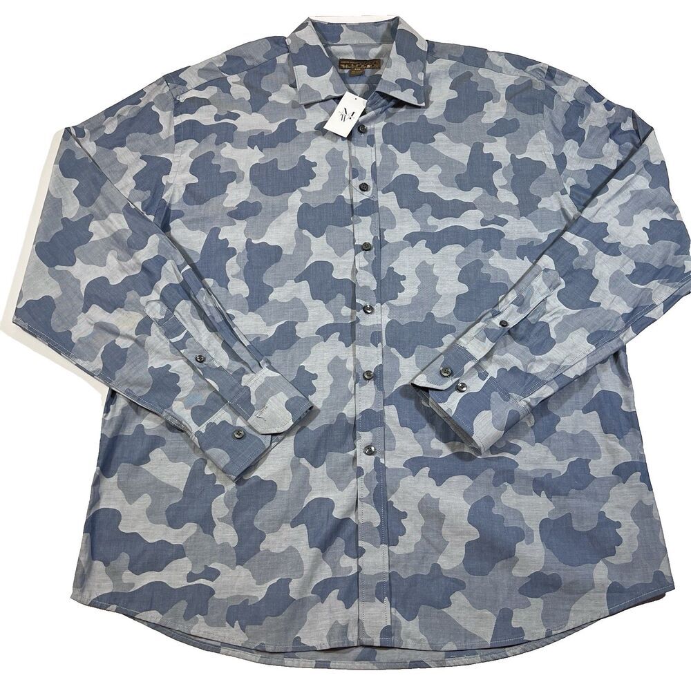 Pronto Uomo Blue Camo Long Sleeve Button Up Dress Shirt Men's XXL NEW!